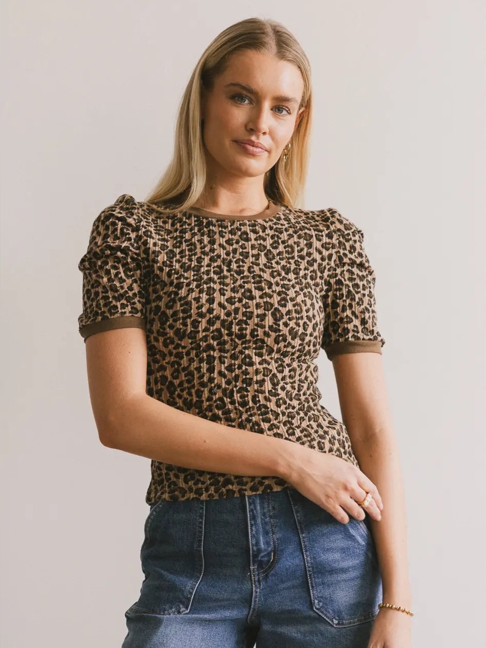 Böhme Jolie Leopard Tee Shirt Small Short Puff Sleeve Crewneck Stretch
